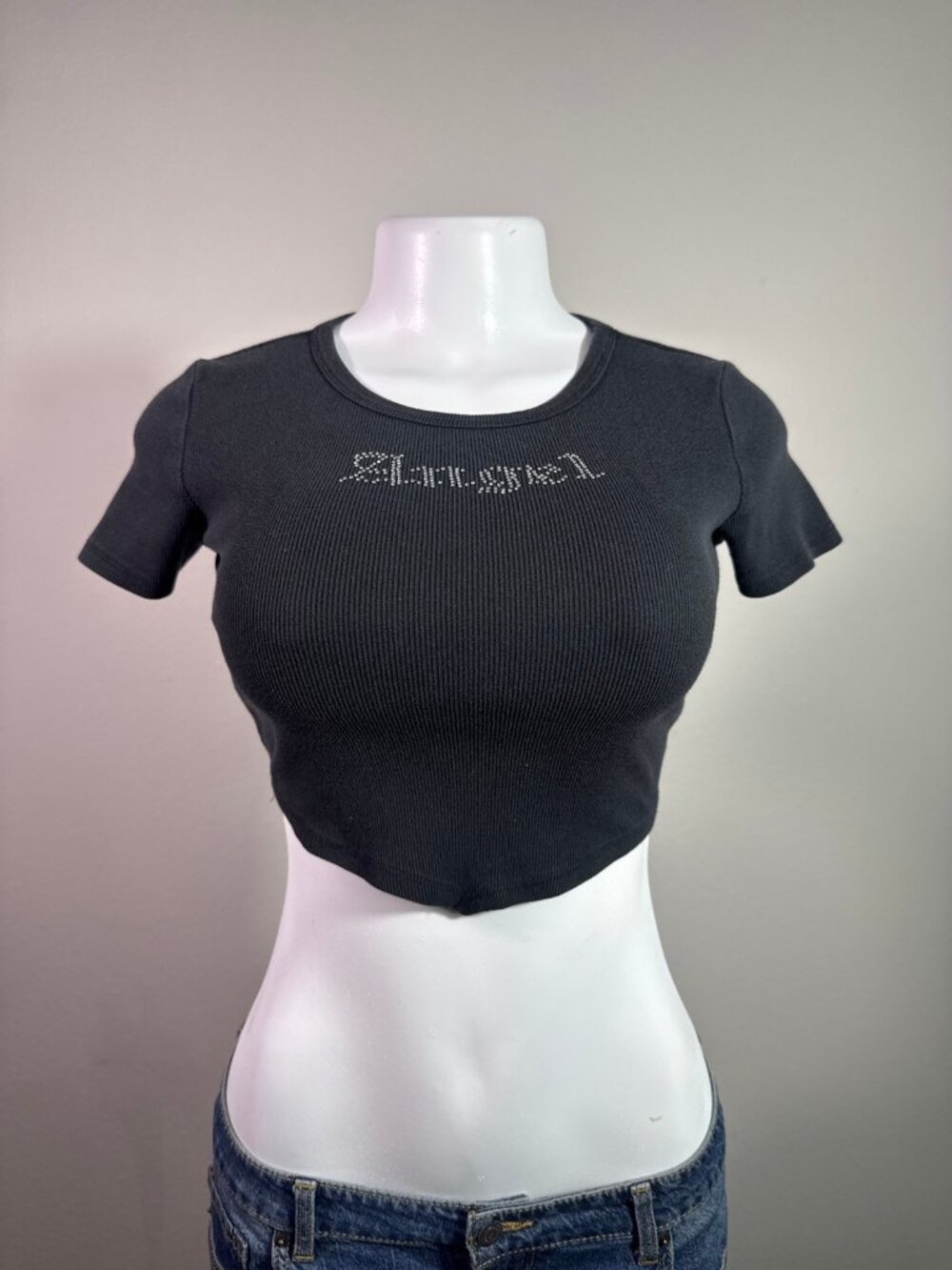 HOMEGIRL SOCIETY t-shirt rhinestone Angel cropped baby tee black XS